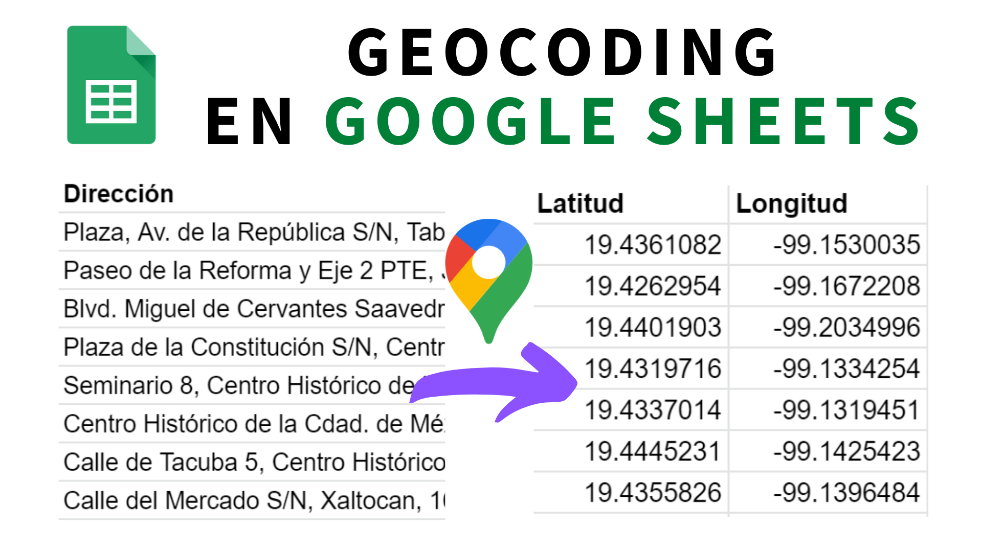Sensación Ciencias Expulsar a Convertir direcciones a coordenadas de latitud y longitud con Google Sheets  y Google Maps (Geocoding) - Tesel