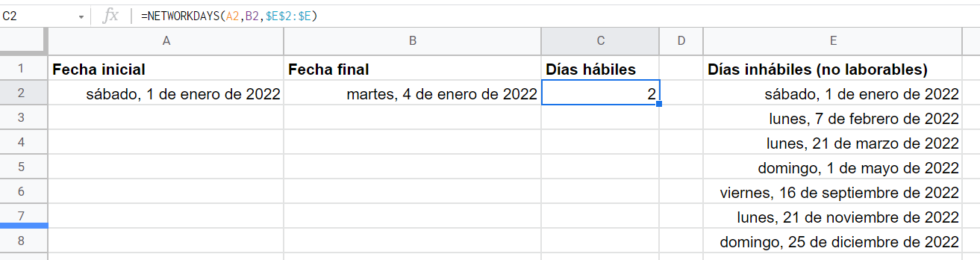 Cómo calcular días hábiles en Google Sheets - Tesel